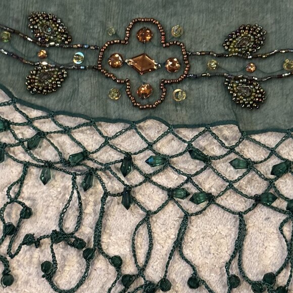 Sue Wong 100% Silk Scarf Dress Green Gold Sheer Shawl Hand Beaded Jewel Large #2 - Picture 7 of 14